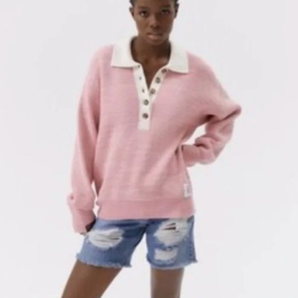BDG Rugby Sweater Oversized Knit Collard Half Button Bubblegum Pink SZ XS - Picture 6 of 16